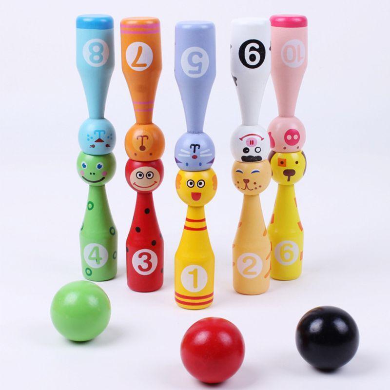 13pcs/set Wooden Bowling Set 10 Pins 3 Ball Animal Bowling Game for Children