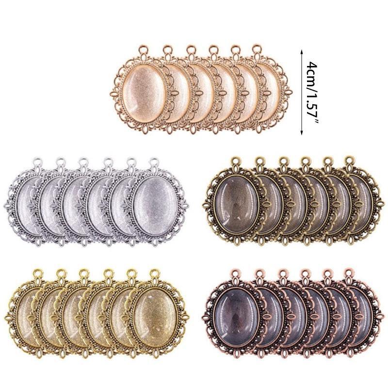 60 Pcs Pendant Trays Kit Metal Flat Pendant Blank Trays Bezel Oval Cabochon Base