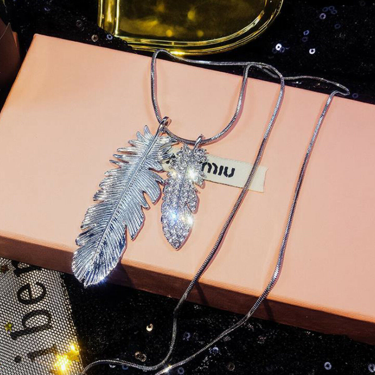 Charm Rhinestone Feather Long Sweater Pendant Necklace Women Jewelry Gift