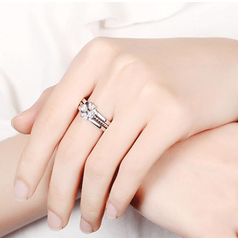 3 Pieces Women's Love Heart Four-leaf Lucky Clover Rhinestone 3 in 1 Ring Lucky