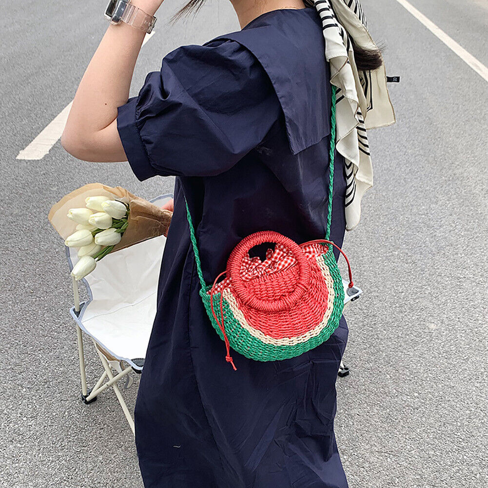 Beach Straw Crossbody Bag Watermelon Handwoven Half Round Holiday Handbag