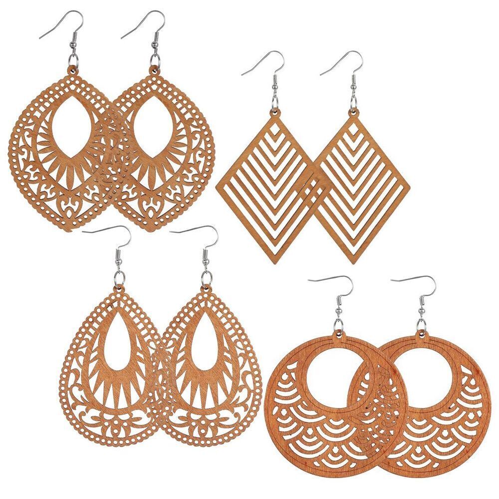 4 Pairs Craft DIY Bohemian Wooden Earring Making African Dangle Earrings Pendant
