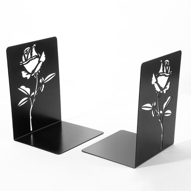 Decorative Rose Bookends for Heavy Books Anti-Slip Metal Book Stoppers Holders f