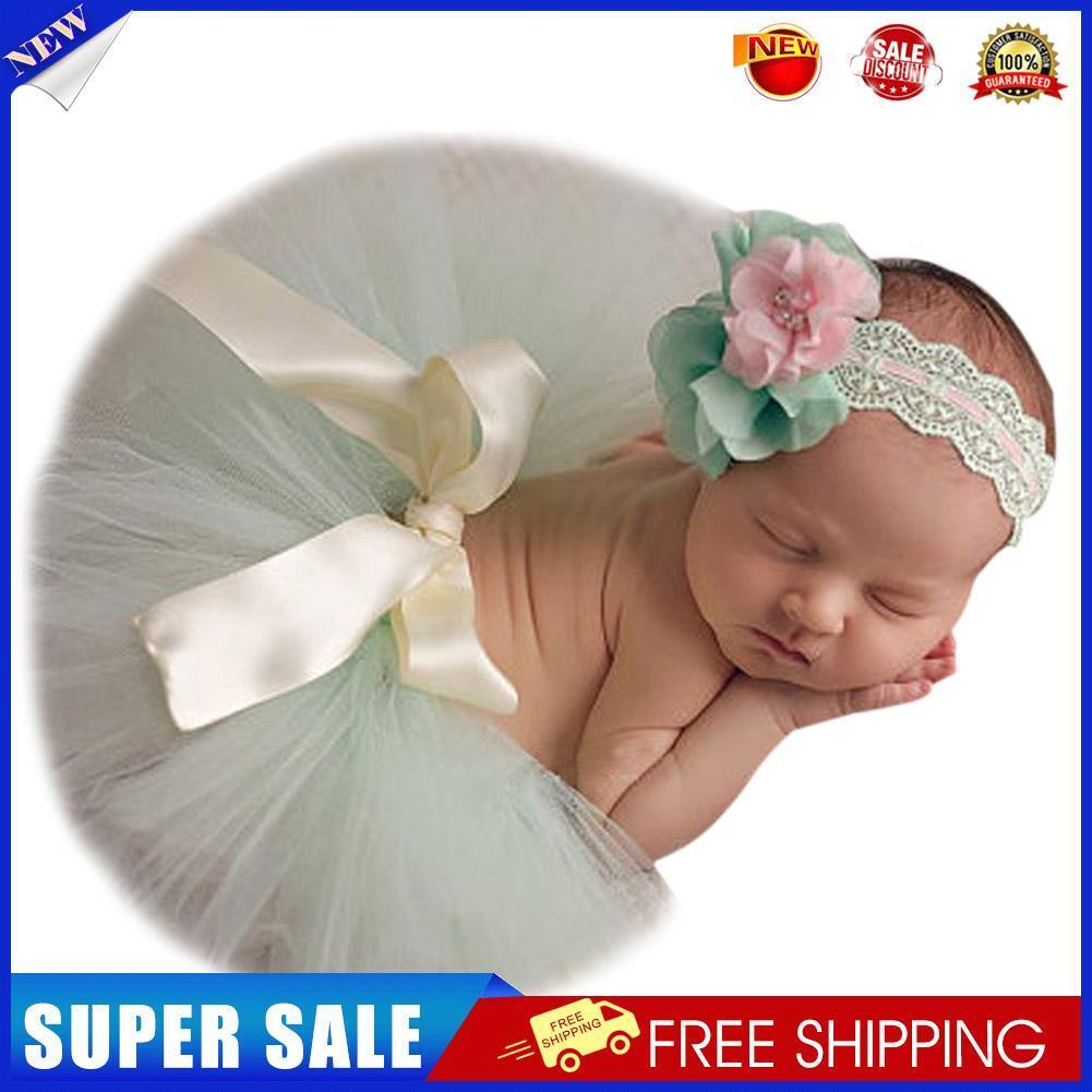 2pcs/set Baby Flower Hairband Bowknot Tutu Skirt Girls Photo Props (0-1M)