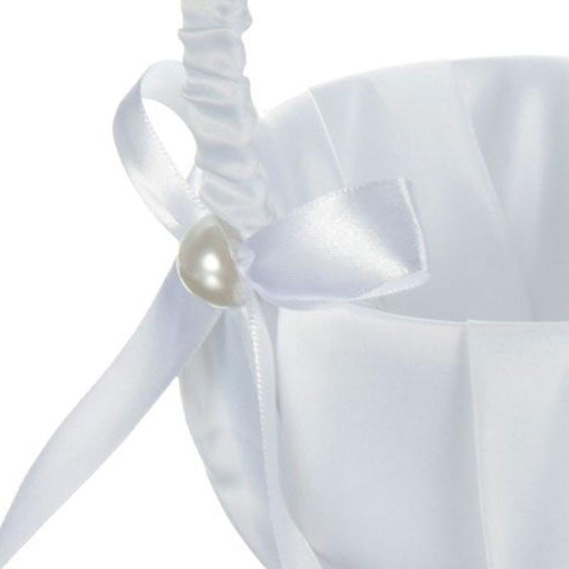 White Flower Girl Basket Bowknot Satin Cloth Baskets for Wedding Ceremony Party