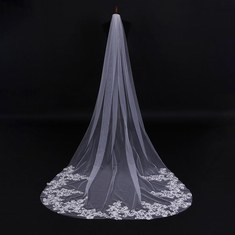 Bridal Veil 1-Layer Delicate Lace Trim Sheer Tulle Chapel Length 300cm White