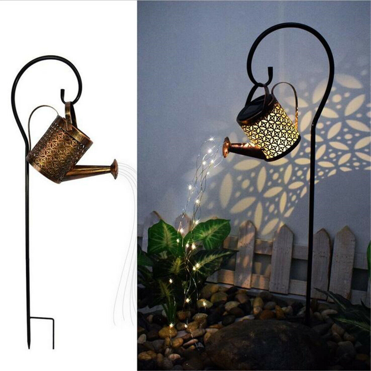 LED Solar Watering Can String Light Outdoor Garden Art Waterfall Lamp Decoration