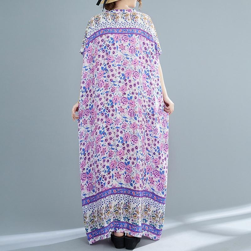 Women Loose Kaftan Swimsuit Cover Up Short Sleeve V-Neck Floral Beach Maxi Dress