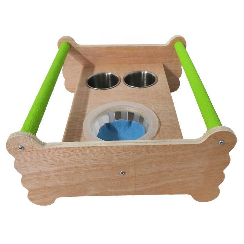 Bird Perch Table Stand Wood Playground with Feeding Cups for Parakeet Cockatiel