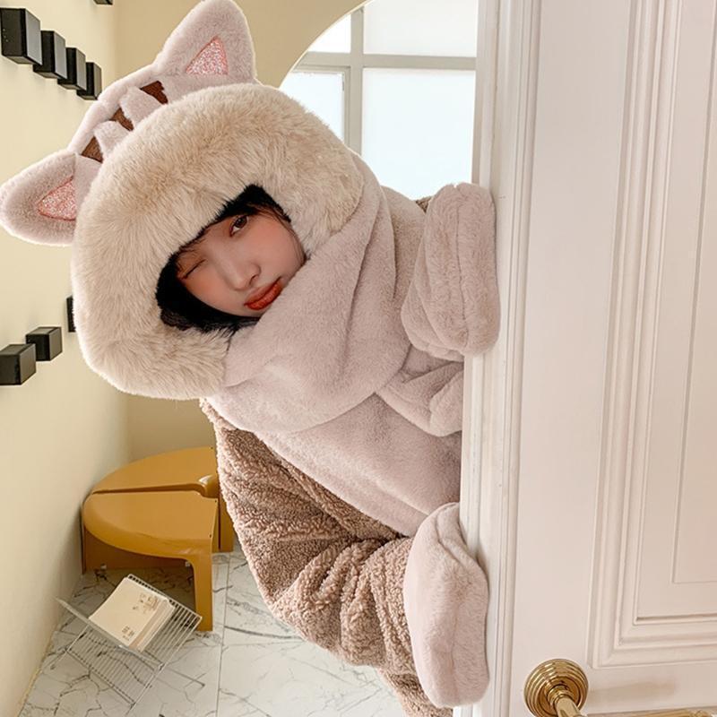 One Piece Scarf Plush Scarf Hooded Hat Winter Hat Scarf Gloves Set Fleece Warm