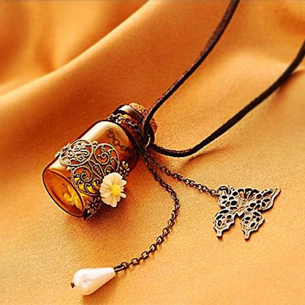 Charm Glass Flask Pendant Wishing Bottle Necklace Carved Flower Sweater Chain