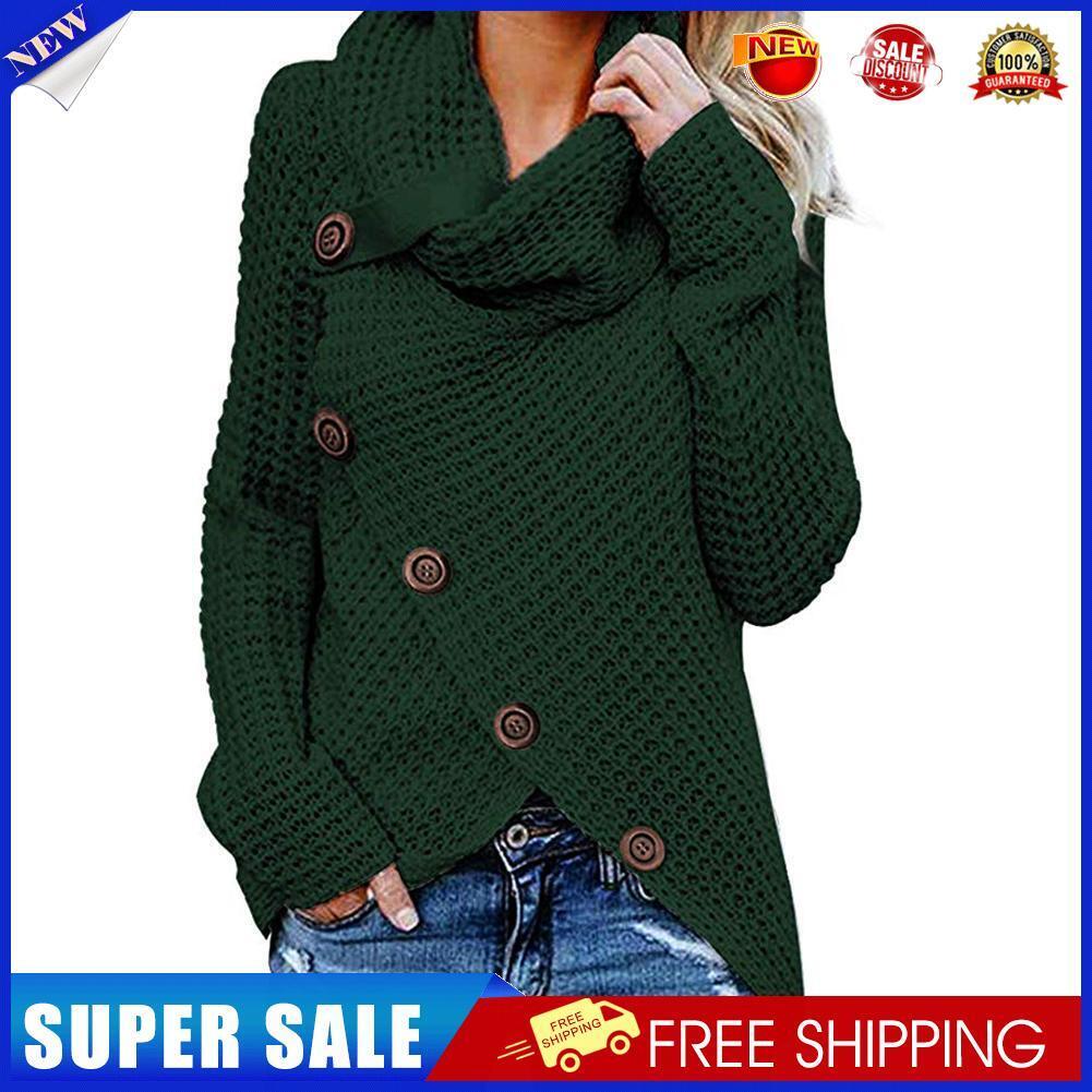 Autumn Women Knit Sweater Solid High Neck Loose Warm Coat (Dark Green S)