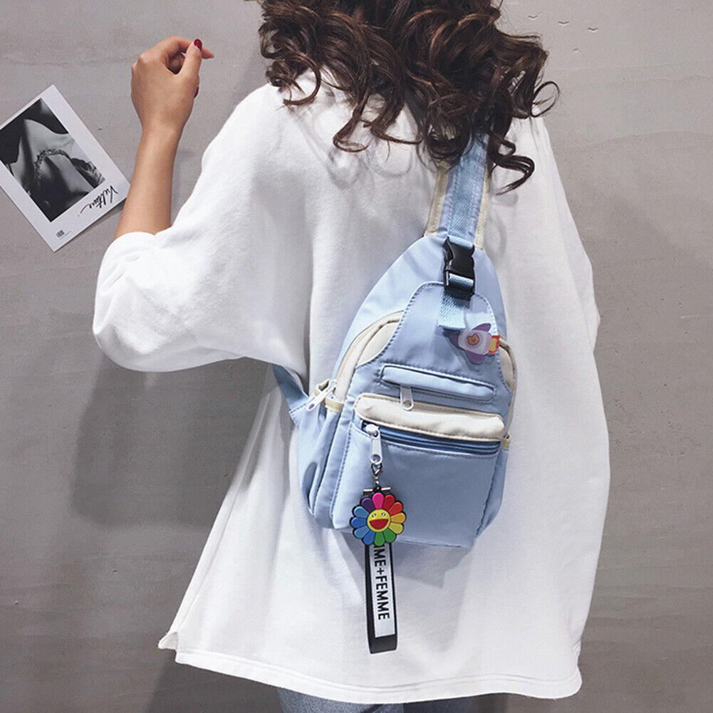 Nylon Crossbody Chest Bag Women Versatile Zipper Shoulder Backpack (Blue)