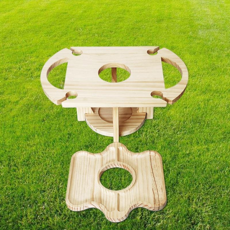 Portable Wine Rack Holder with Fruit Tray Foldable Mini Wooden Picnic Table Desk