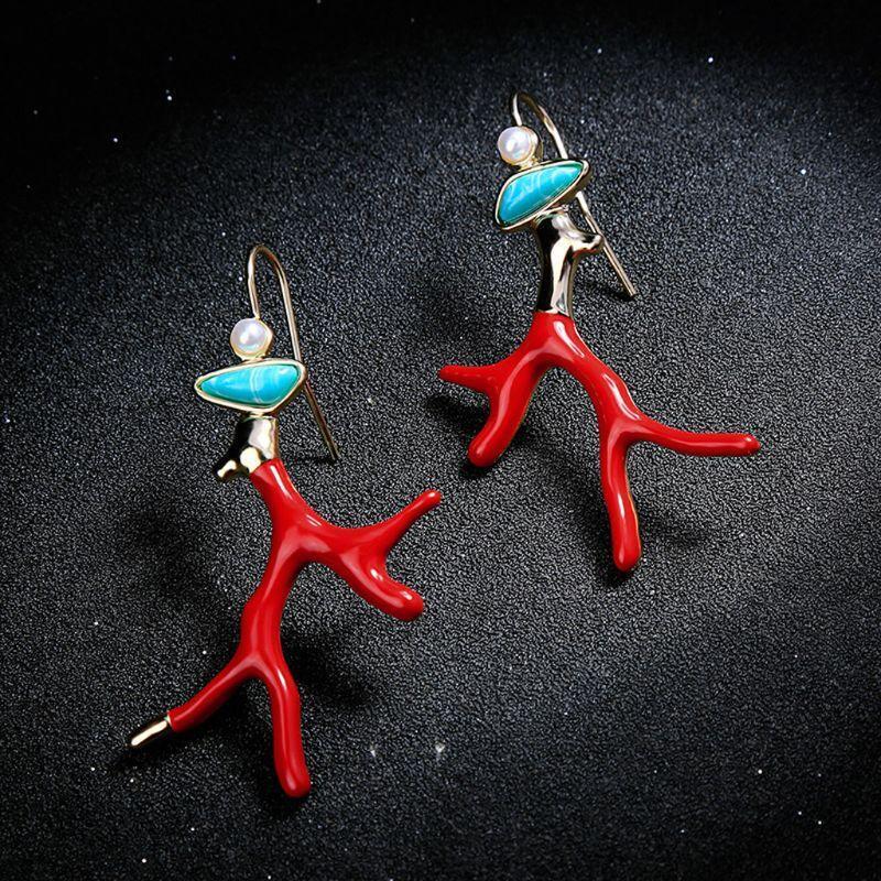 Fashion Coral Antlers Dangle Earrings Red Enamel Drop Earrings Gifts for Girls