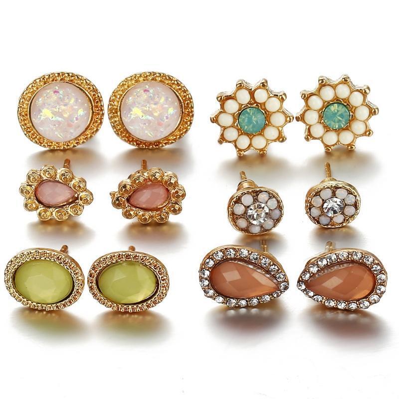 Bohemia Assorted Flower Opals CZ Stone Stud Earrings Set Women Statement Jewelry