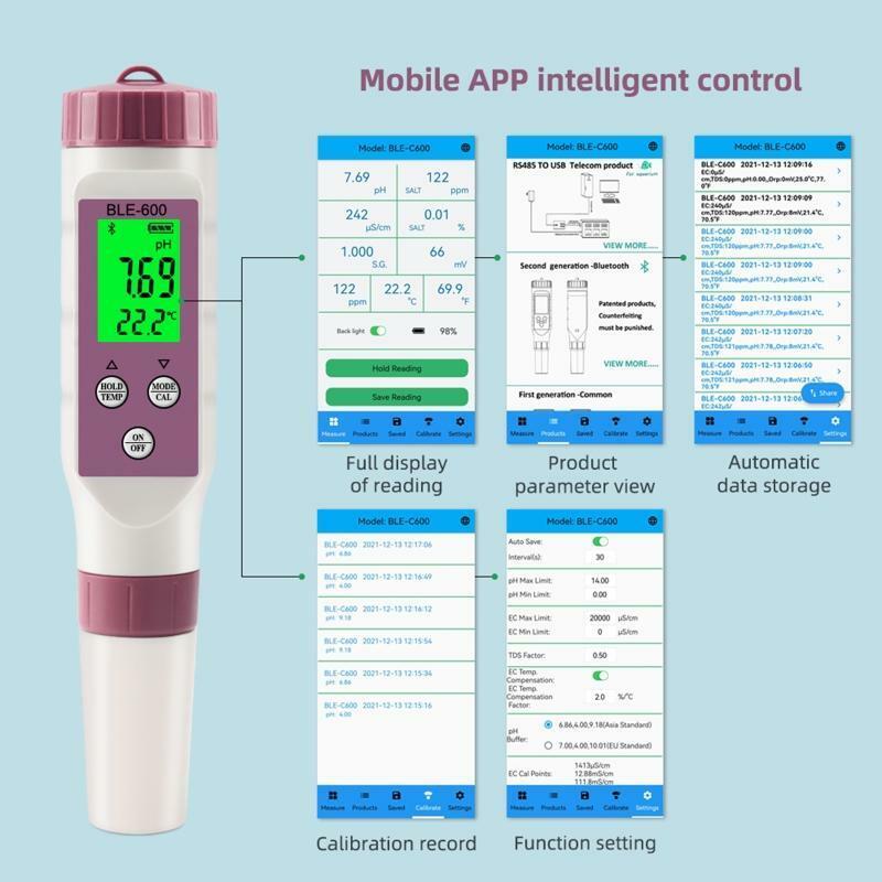 7 in 1 Temp ORP EC TDS Salinity S.G PH Meter Online BT Water Quality Tester
