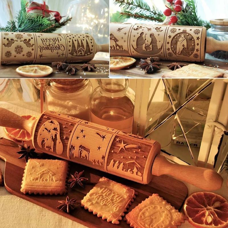 Engraved Embossing Rolling Pins with Christmas Nativity Christ Pattern Home Gift