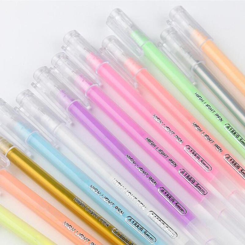 12 Colors Highlighter Pens Fluorescent Gel Pen 0.5mm Refills Stationery School