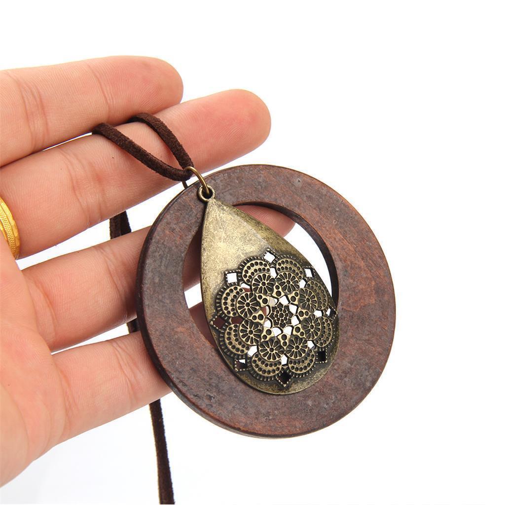 Round Wooden Pendant Long Sweater Chain Necklace Jewelry Gifts