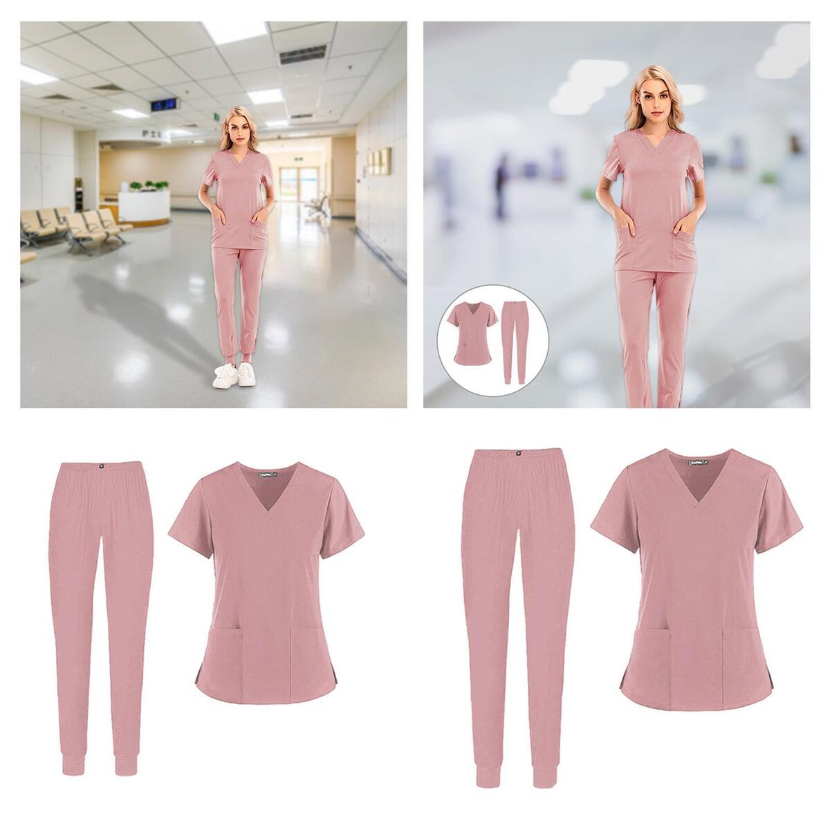 V Neck Nursing Scrub Set Women Short Sleeve Top Pants Workwear Spa Uniforms