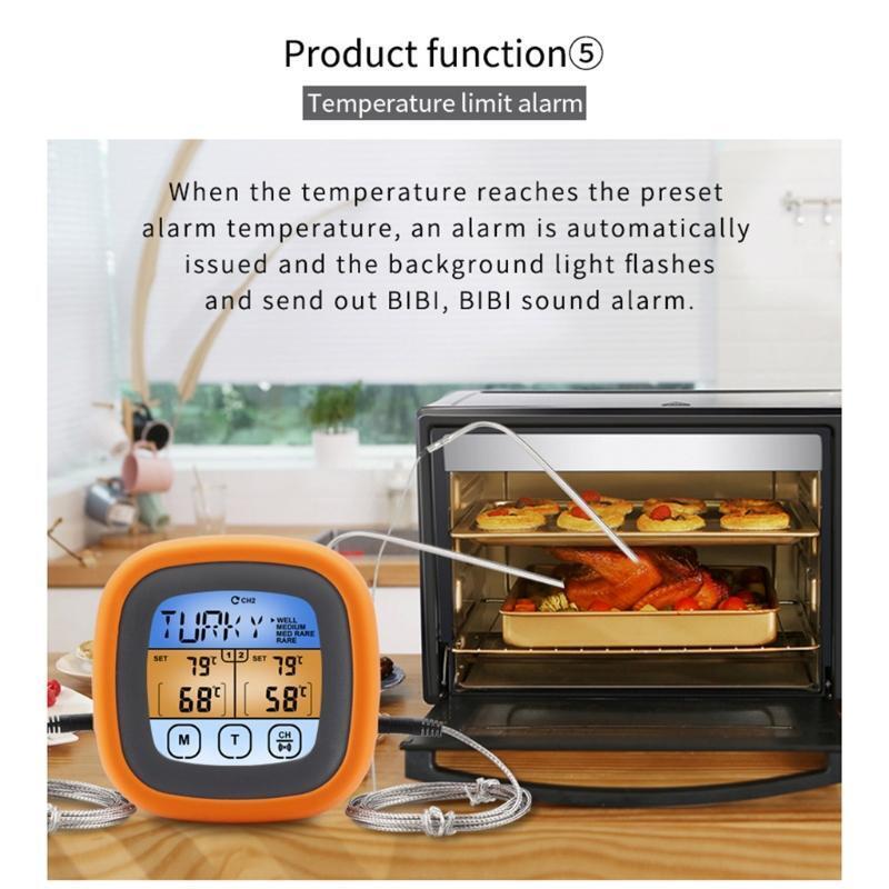 Food Cooking Thermometer w/ Alarm 2 Probes Digital Thermometer Waterproof Meter