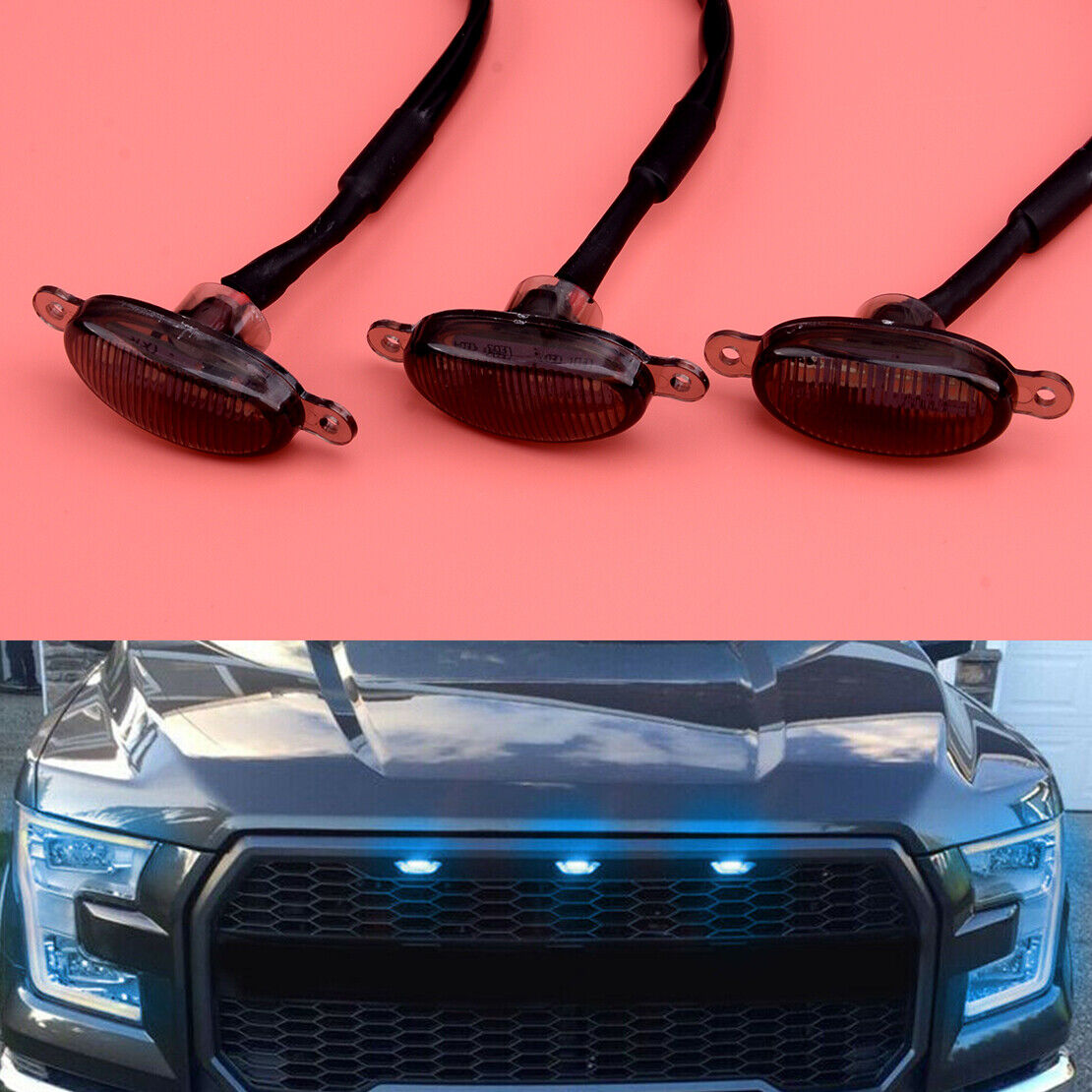 3x LED Ice Blue Grille Gril Mark light DRL Fit For Ford F-150 Raptor 2010-2018