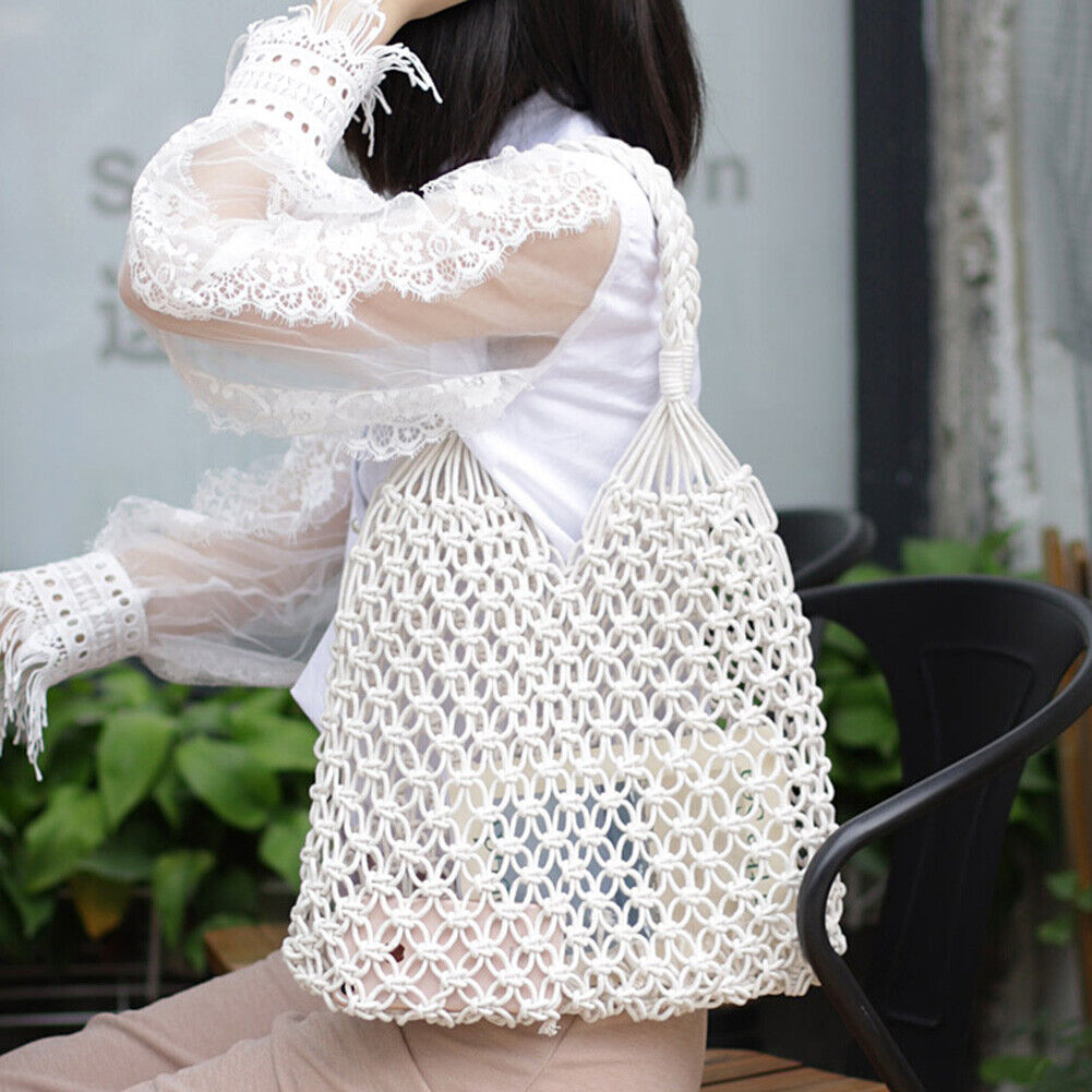Womens Straw Hollow Beach Shoulder Bags Vacation Shopper Handbag (White)