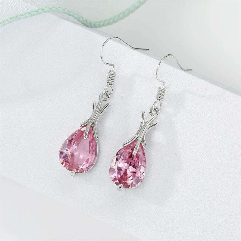 Sparkling Fish Hook Dangle Earring Pink Gem Pendant Earring Women Girl Jewelry