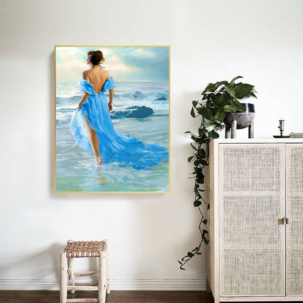 DIY Printed Seaside Girl Cross Stitch Kit Full Embroidery Canvas Home Decor
