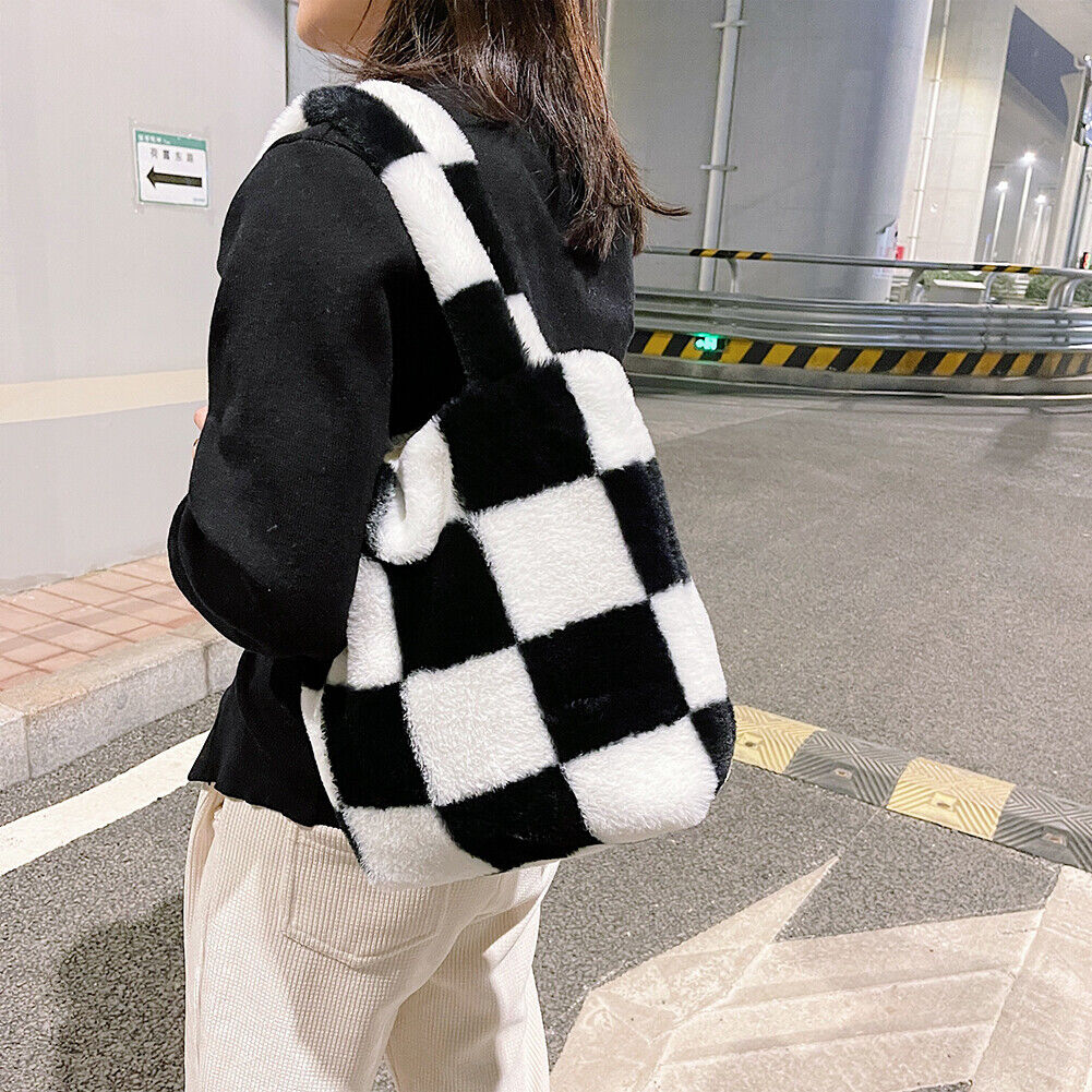Fashion Checkered Print Shoulder Bag Autumn Winter Plush Hit Color Handbag