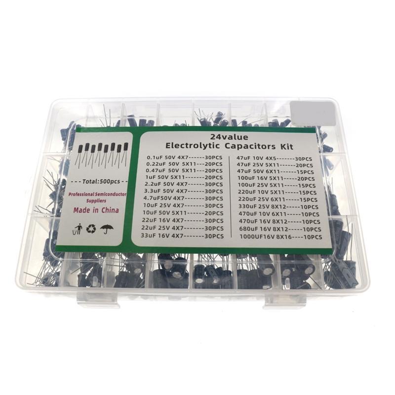 500Pcs/lot 0.1UF-1000UF 24Values Aluminum 16-50V Mix Electrolytic Capacitor Kit
