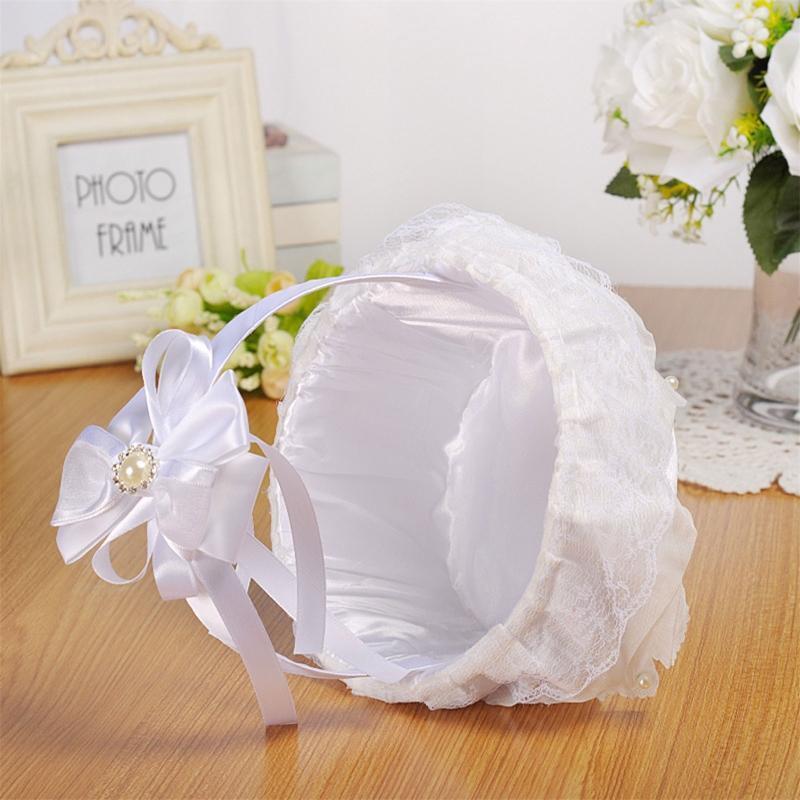 Flower Basket for Wedding Ceremony Small Satin White Flower Girl Baskets
