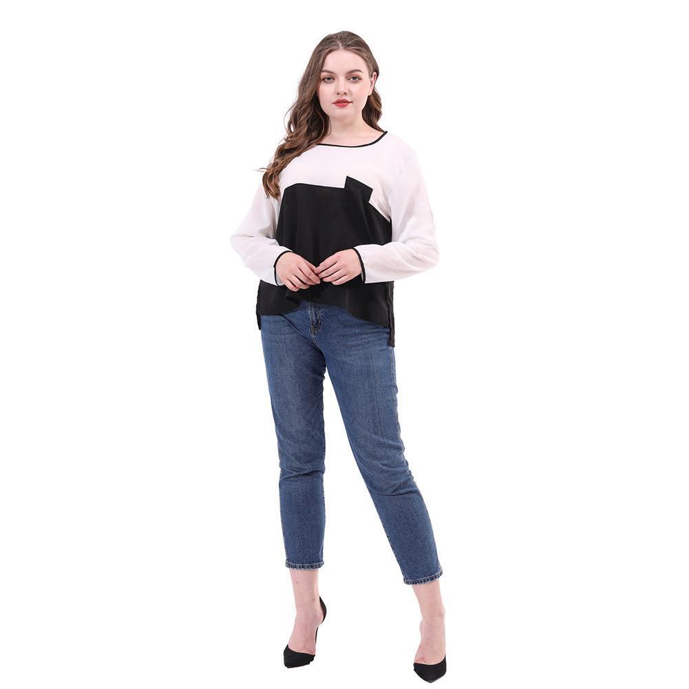 Plus Size O-neck Tops Women Long Sleeve Splicing Color T-shirts (White 5XL)