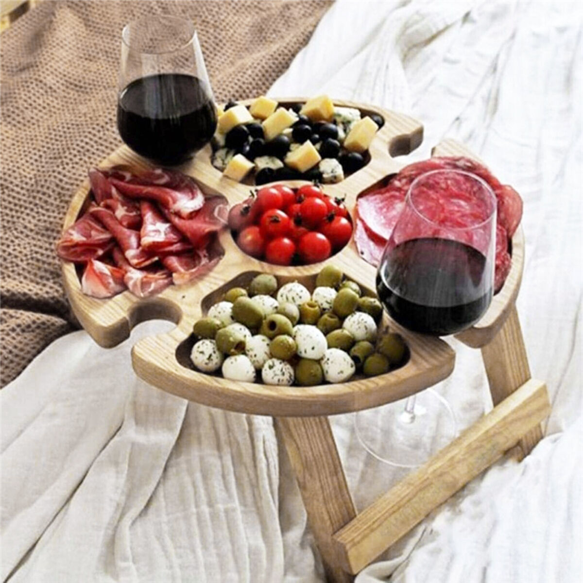Wine Picnic Table Foldable Snack Table with Wine Bottle and Glass Holder