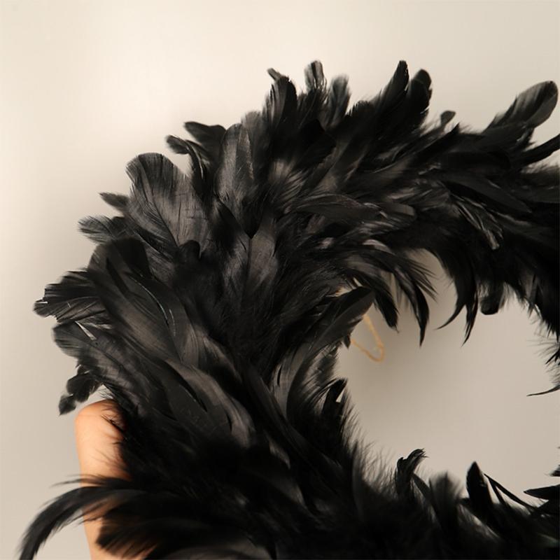 15.7in Natural Feathers Wreath Front Door Black Feather Wreath Halloween Decor