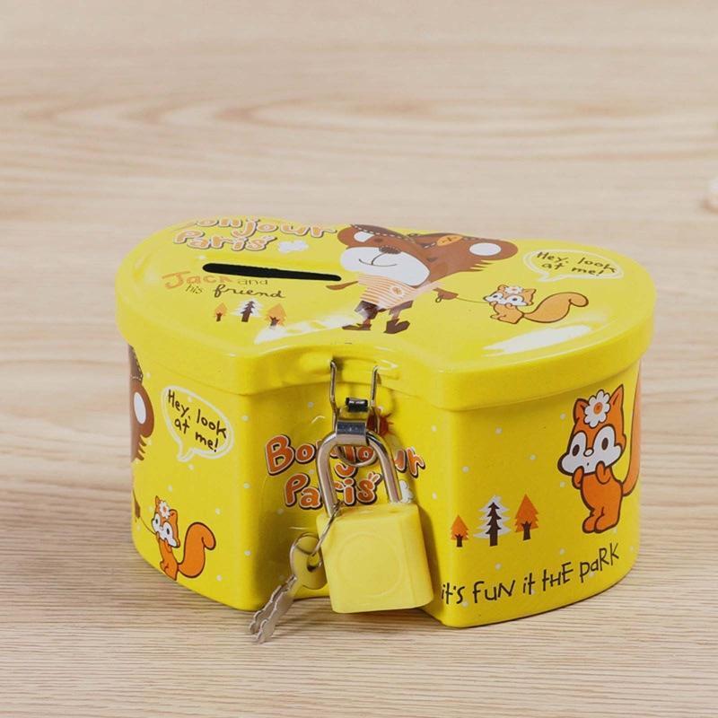 Small Double Heart Piggy Bank Metal Tinplate Coin Storage Box with Lock
