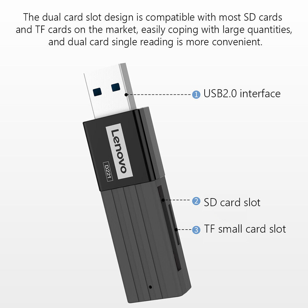 Lenovo D221 TF Memory Card Reader USB2.0 Dual Slot PC 2 TB Digital Adapter