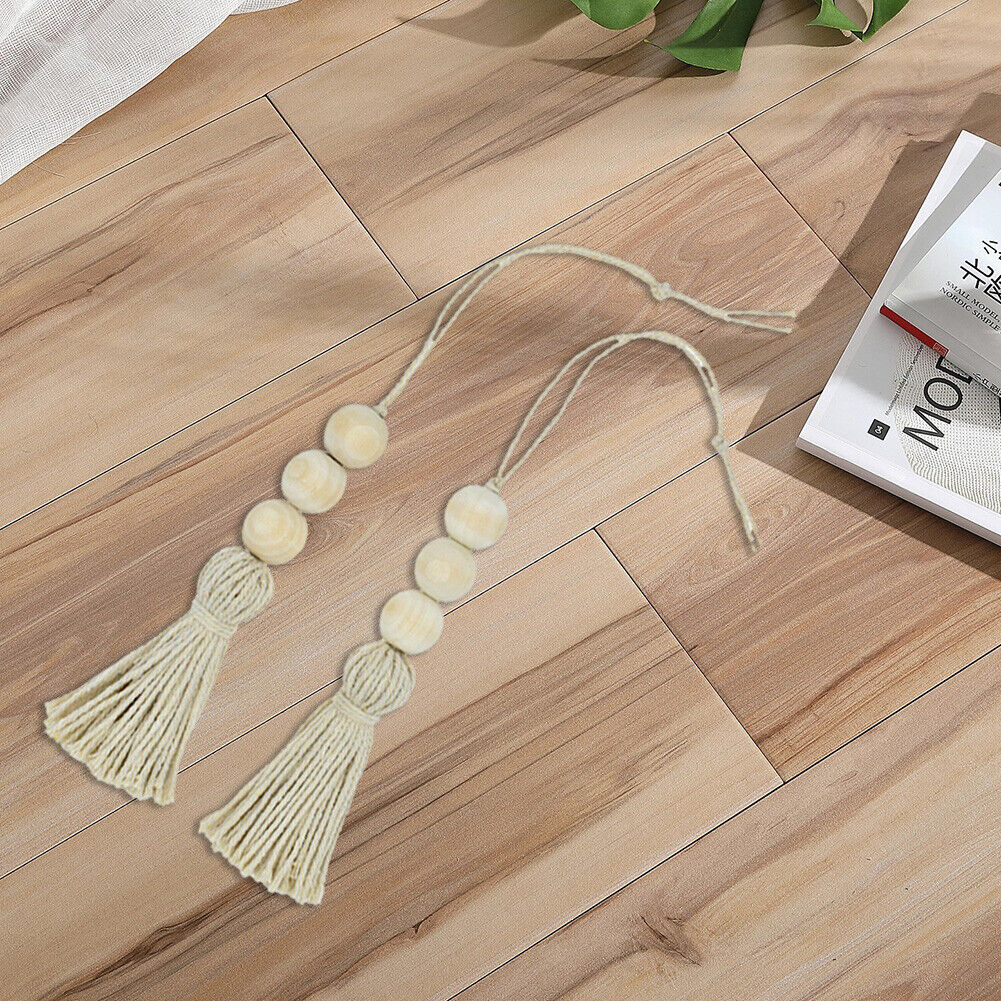 2pcs Wood Bead Garland with Hemp Rope Tassels Knob Rustic Country Decor