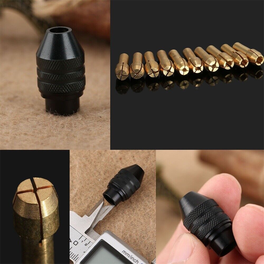 10pcs 0.5-3.2mm Brass Collets 4.8mm Shank & Keyless Drill Chuck Rotary Tool C6B