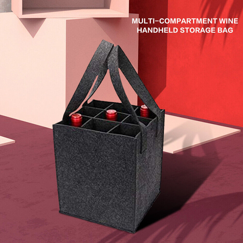 Felt Wine Storage Tote Bag with Divider Solid Color 6 Grids Bottle Carrier