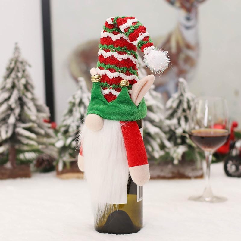 Christmas Wine Bottle Covers Set of 2 Striped Hat Gnome Decoration Accessory