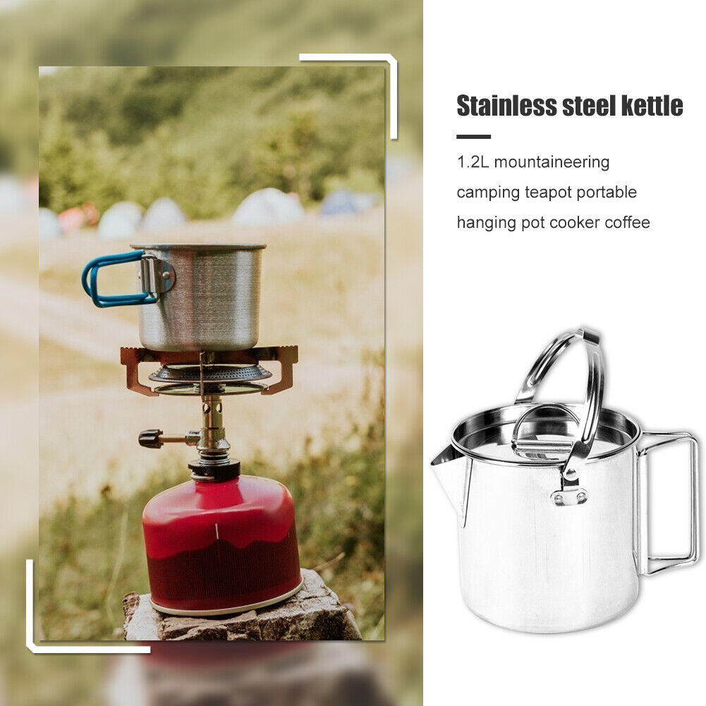 1.2L Stainless Steel Teapot Outdoor Camping Hiking Cooking Kettle with Lid