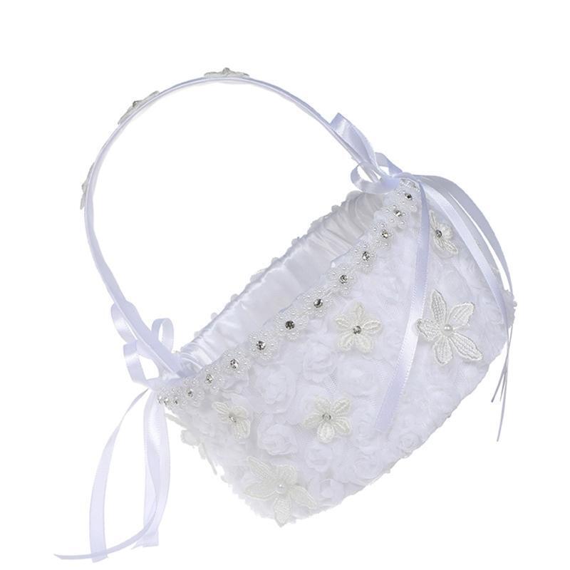 Flower Basket Suitable for Wedding Small White Satin Baskets Lace Flowers