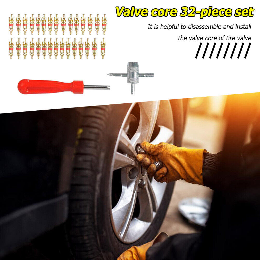 30pcs Brass Valve Cores with Car Bike Tire Valve Core Remover + 4 Way Tool