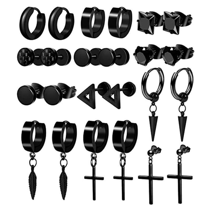 12Set Black Cross Dangle Earrings for Men Stainless Steel Piercing Hoop Earrings