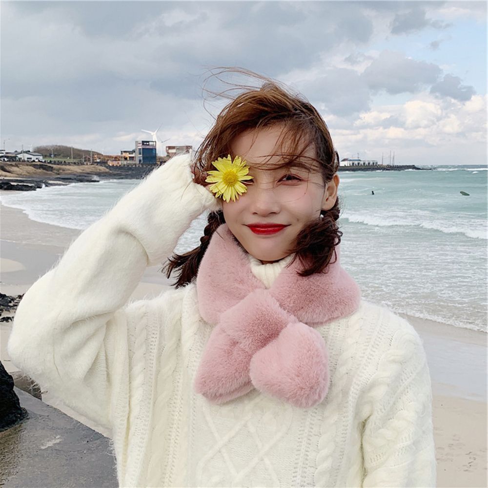 Fur Plush Elegant Shawl Neckerchief Wrap Solid Color Cross Scarf Neck Warmer