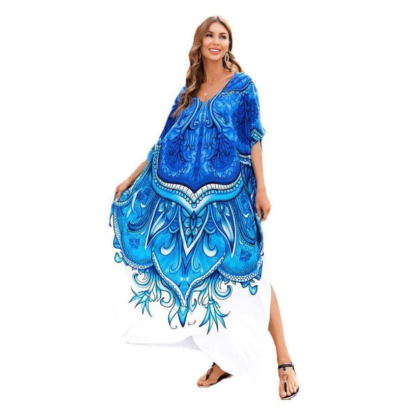 Women Beach Bikini Cover Up Robe V-Neck Kaftan Blue White Floral Maxi Long Dress