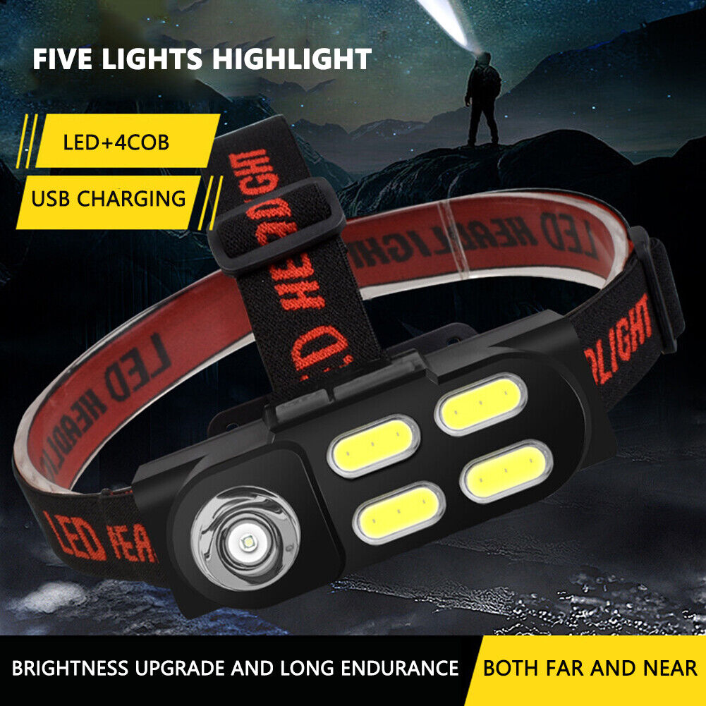 COB LED Headlamp Lamp Waterproof 4 Gears Induction Camping Hiking Headlight