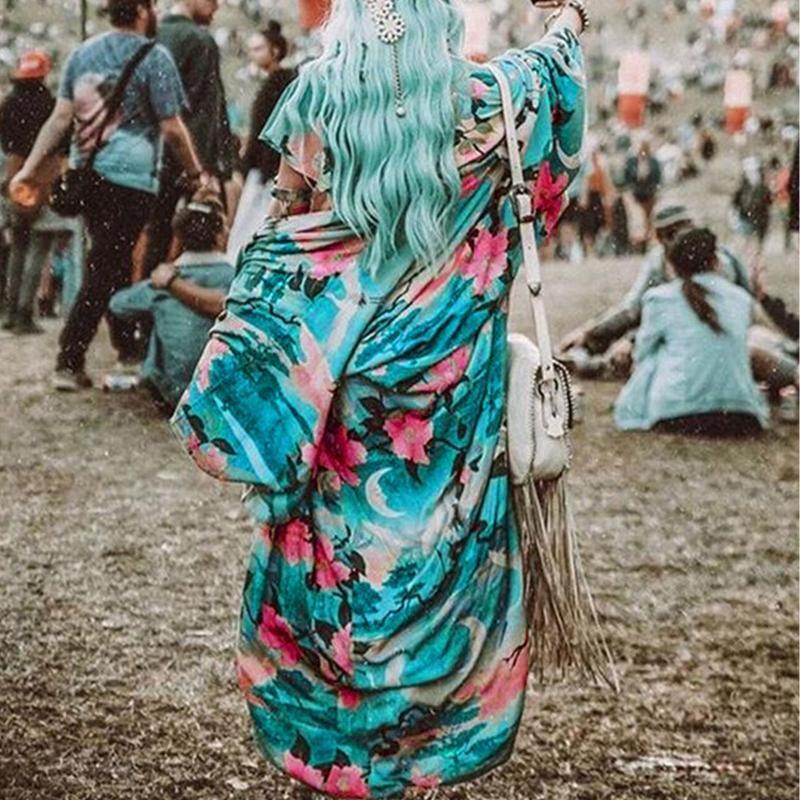 Fashion Women Long Shirt  Robe Over Sized Bikini Cover Up Blossom Print Kaftan